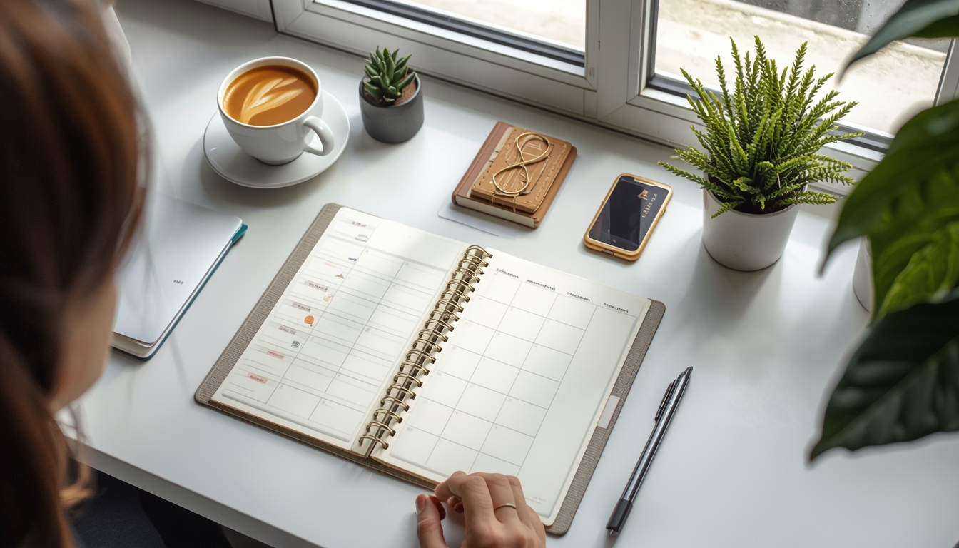 A well-organised workspace with a planner, coffee, and natural light — representing the Flowstead approach