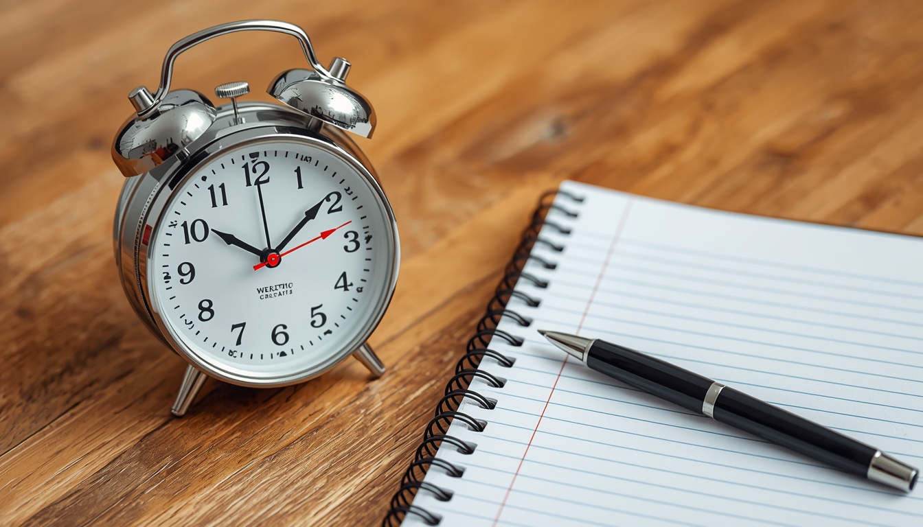 A desk timer beside a notebook and pen — representing the Flowstead 90-minute focus block approach